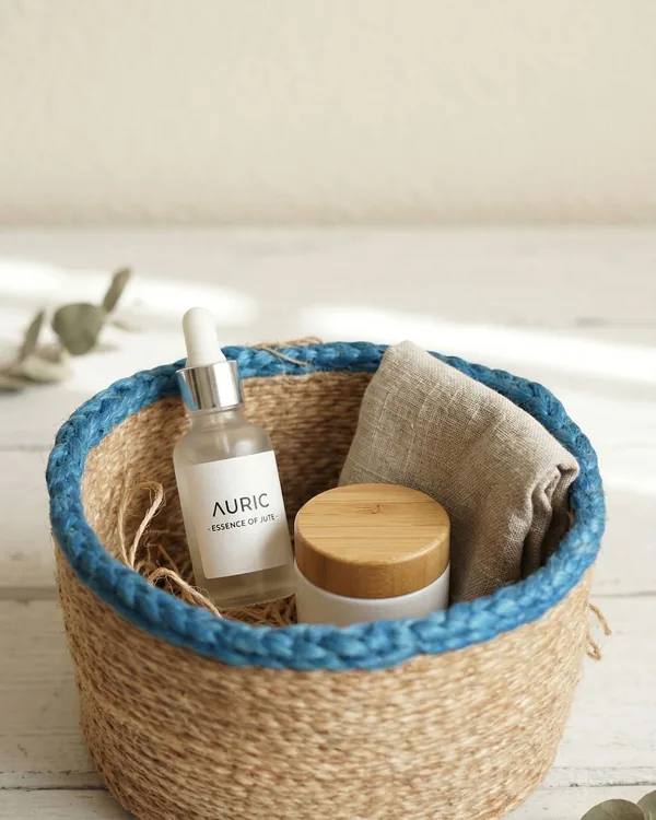 Jute basket, blue rim — baskets & mats bag by Fuleswar Bag Company