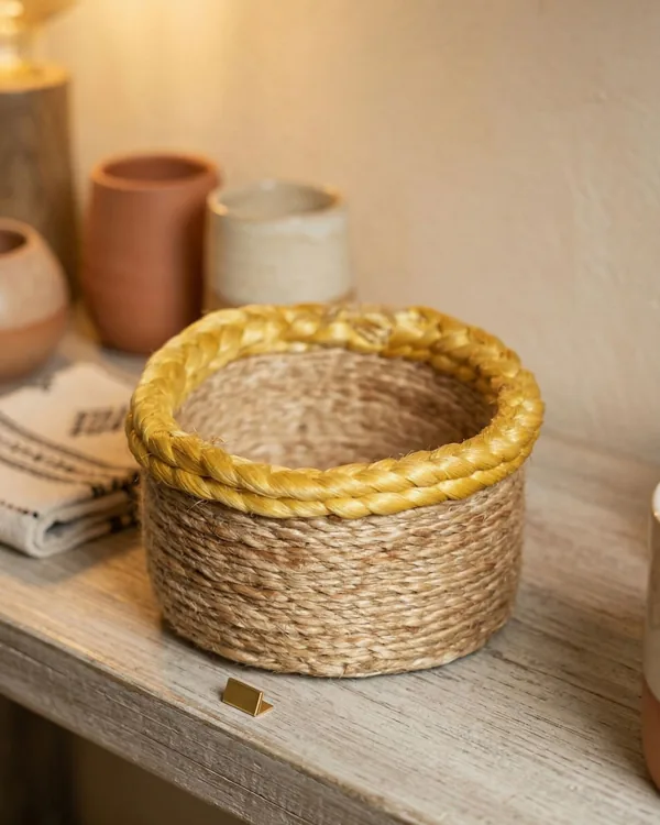 Jute basket, yellow rim — baskets & mats bag by Fuleswar Bag Company