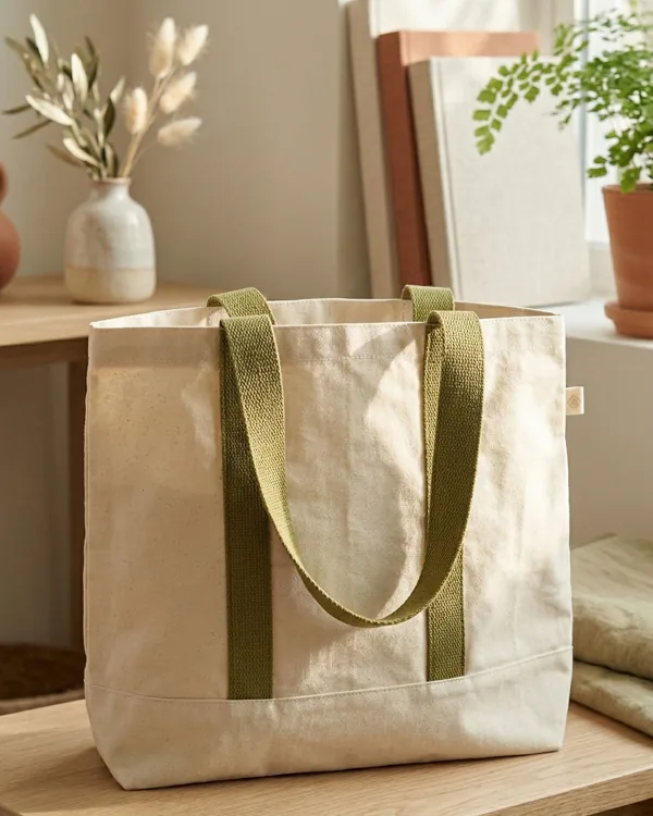 Cotton tote, olive webbing straps — cotton bag by Fuleswar Bag Company