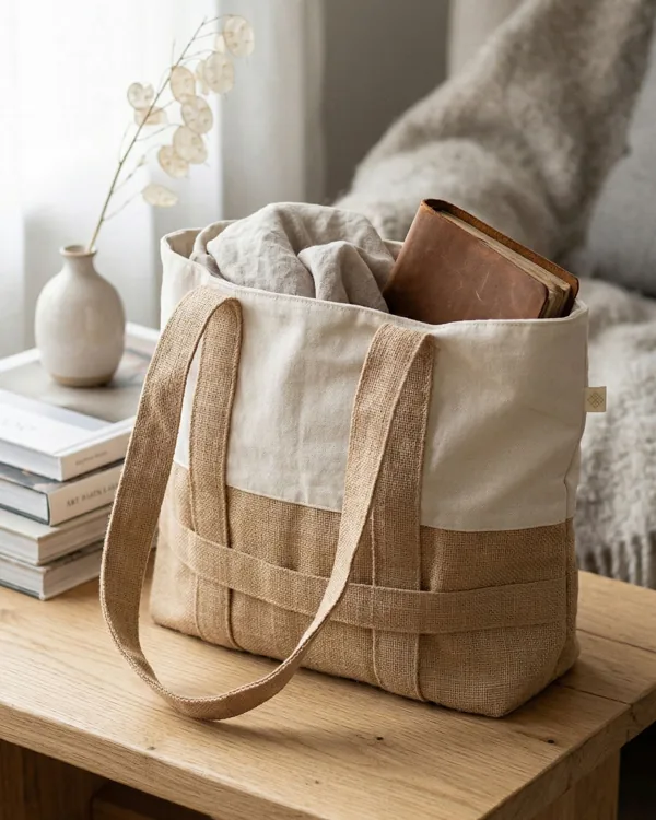 Cotton tote with jute base & pockets — cotton bag by Fuleswar Bag Company