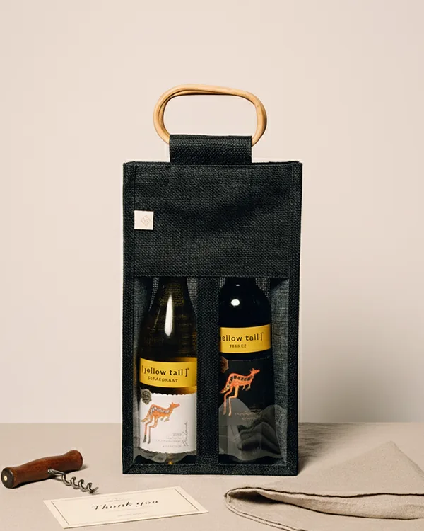 Two-bottle jute wine bag, cane handle — gift & bottle bag by Fuleswar Bag Company