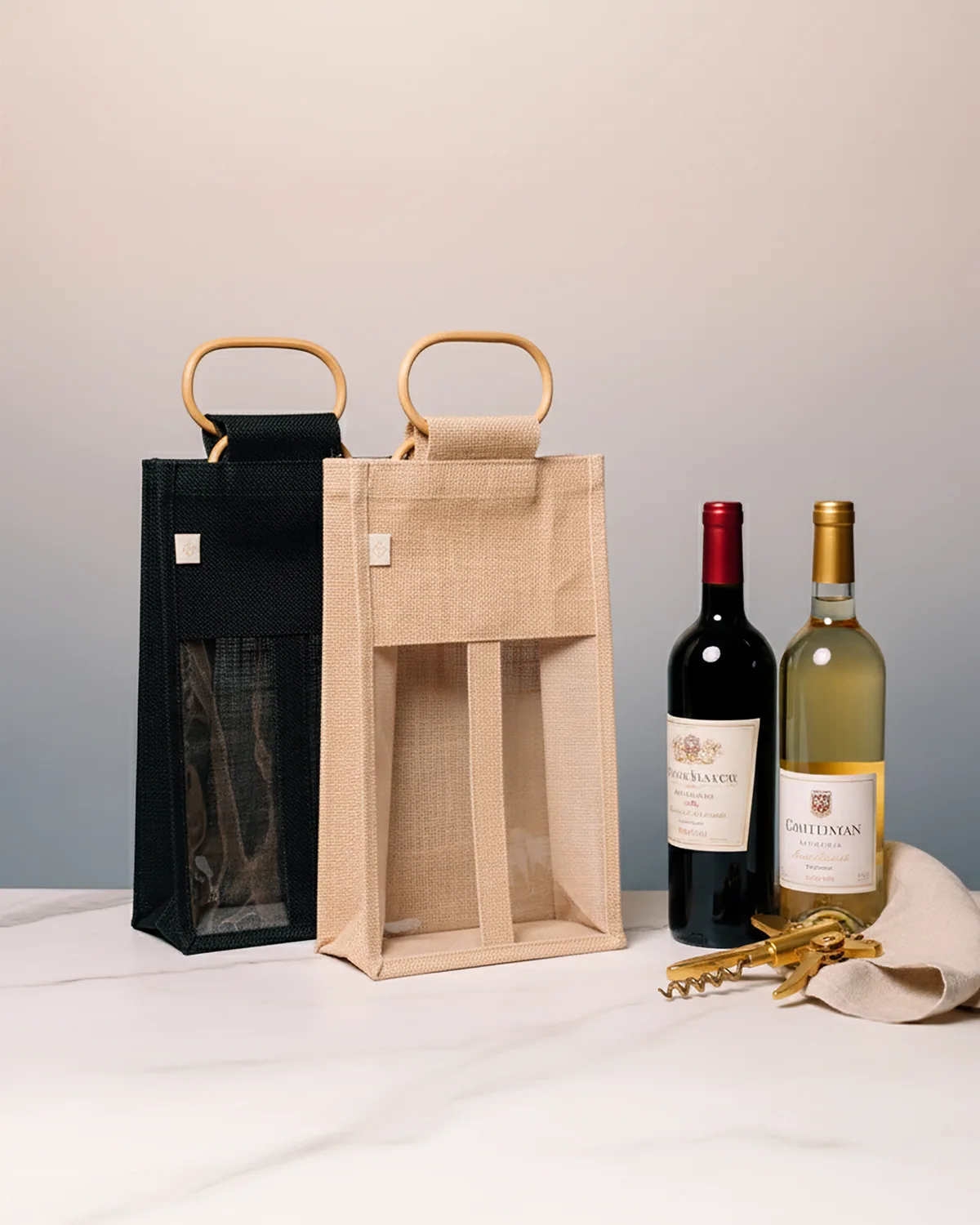 Jute wine bottle bags, festive gift bags & hamper trays