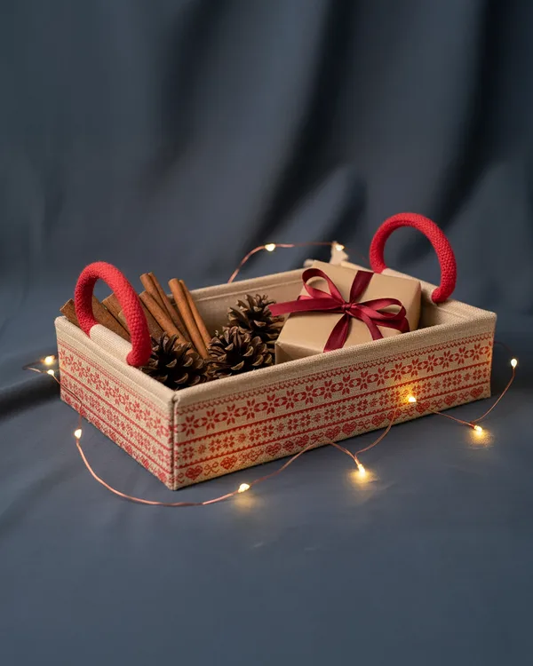 Festive jute tray, printed border — gift & bottle bag by Fuleswar Bag Company