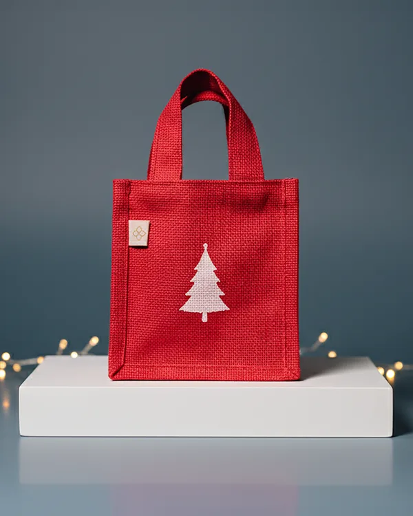 Mini jute gift bag, festive print — gift & bottle bag by Fuleswar Bag Company