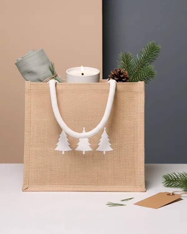 Natural jute mini gift bag, tree print — gift & bottle bag by Fuleswar Bag Company