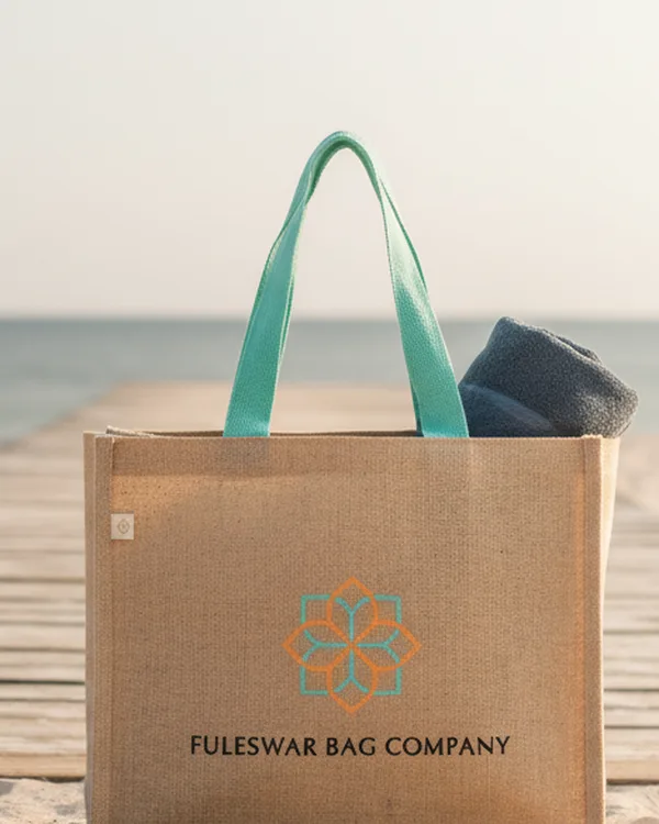 Natural jute beach tote, logo print — jute bag by Fuleswar Bag Company