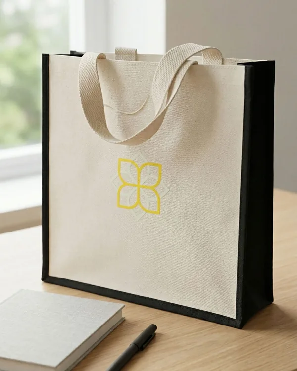 Laminated cotton shopper, black front pocket — cotton bag by Fuleswar Bag Company