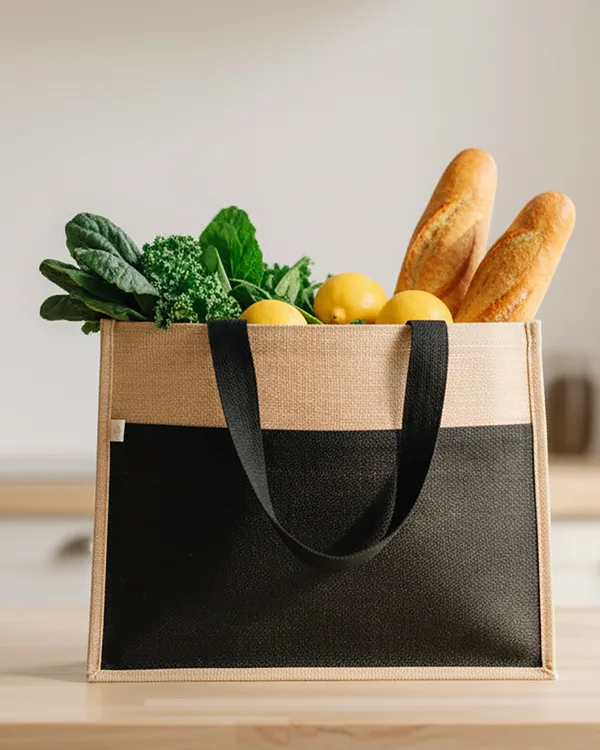 Jute shopper, black panel, webbing handles — jute bag by Fuleswar Bag Company