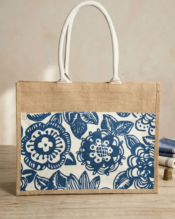 Jute shopper with printed cotton pocket — jute bag by Fuleswar Bag Company