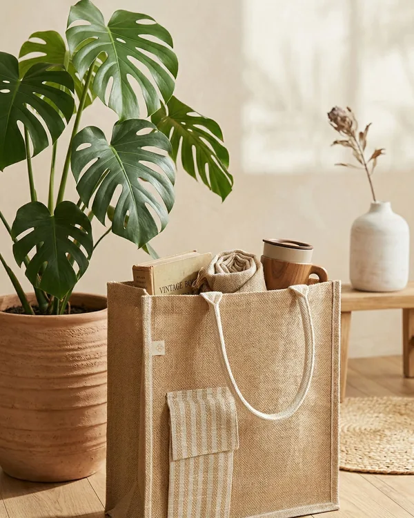 Laminated jute tote, striped jute front — jute bag by Fuleswar Bag Company