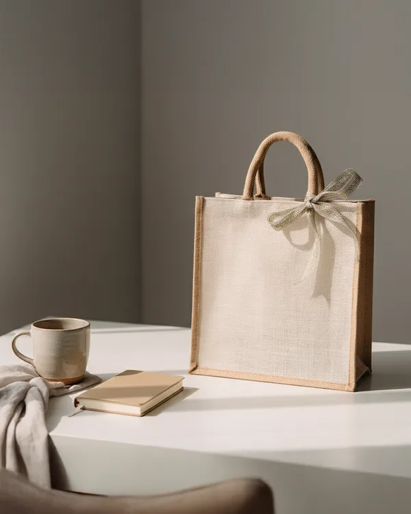 Juco-face jute gift bag, ribbon tie — jute bag by Fuleswar Bag Company