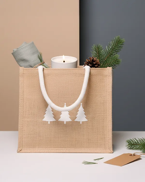 Jute gift tote, Christmas tree print — jute bag by Fuleswar Bag Company
