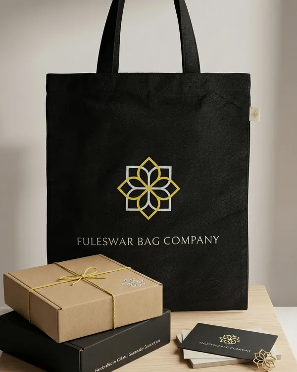 Black cotton tote, printed logo — cotton bag by Fuleswar Bag Company