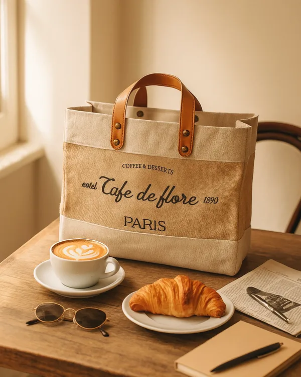 Juco tote with leather handles, screen printed