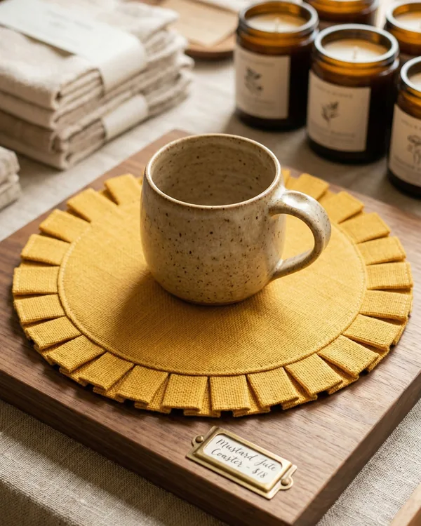 Laminated jute placemat, mustard — baskets & mats bag by Fuleswar Bag Company