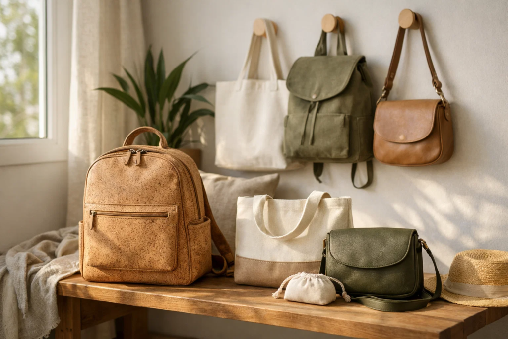 Collection of sustainable bags including tote, backpack, and crossbody made from eco friendly materials